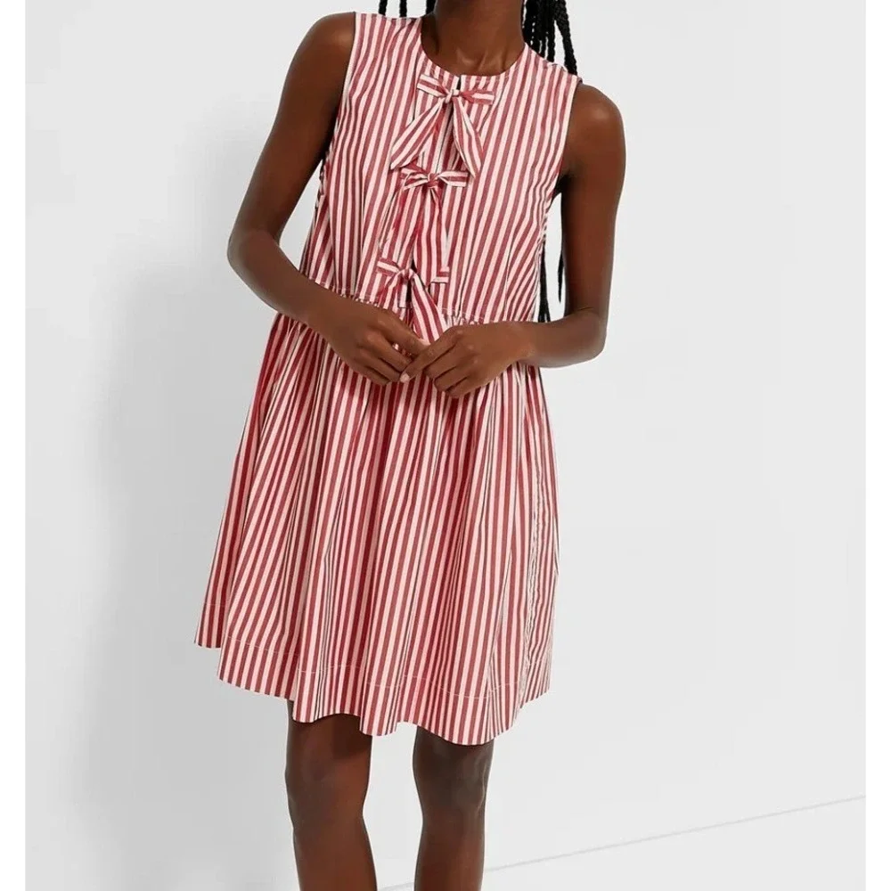 Ganni Barbados Cherry Stripe Cotton Mini Dress Bow Tie Sleeveless NWT Poplin 38